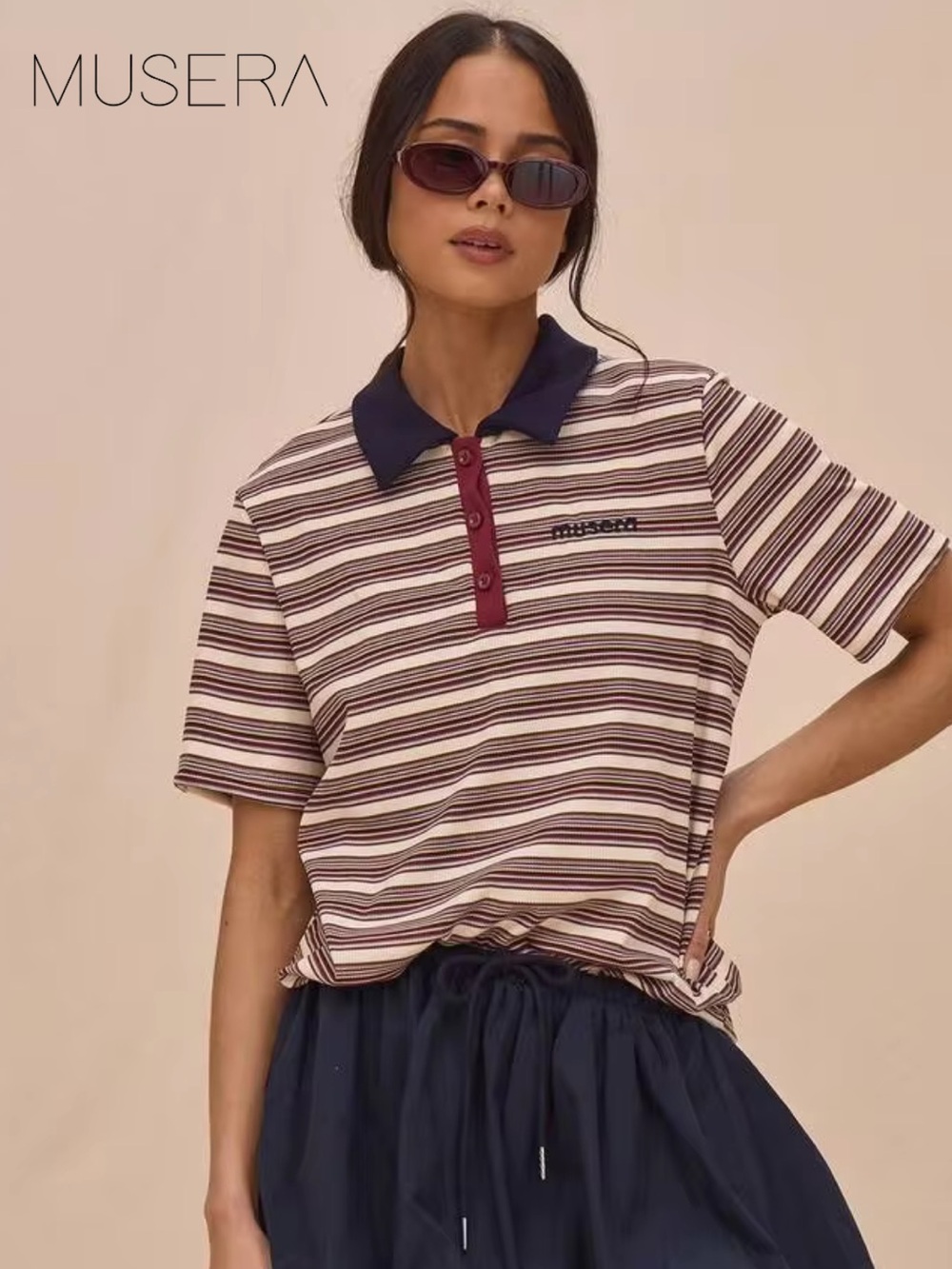 Musera Striped Polo Tee in Burgundy, Navy & Cream